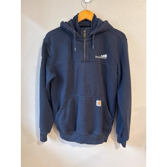 Carhartt Mens Navy Blue Half-Zip Hooded Sweatshirt W/ Mortenson Logo Embroidery - Picture 7 of 9